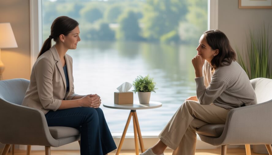 A female therapist attentively listening to a woman in a counseling office with a riverside view through the window.