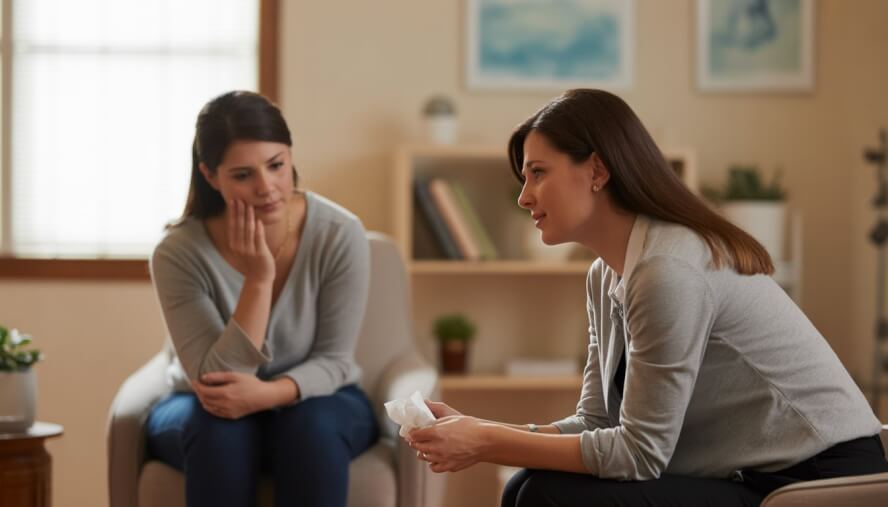 A female therapist attentively listening to a young woman in a counseling office, offering support during a therapy session.