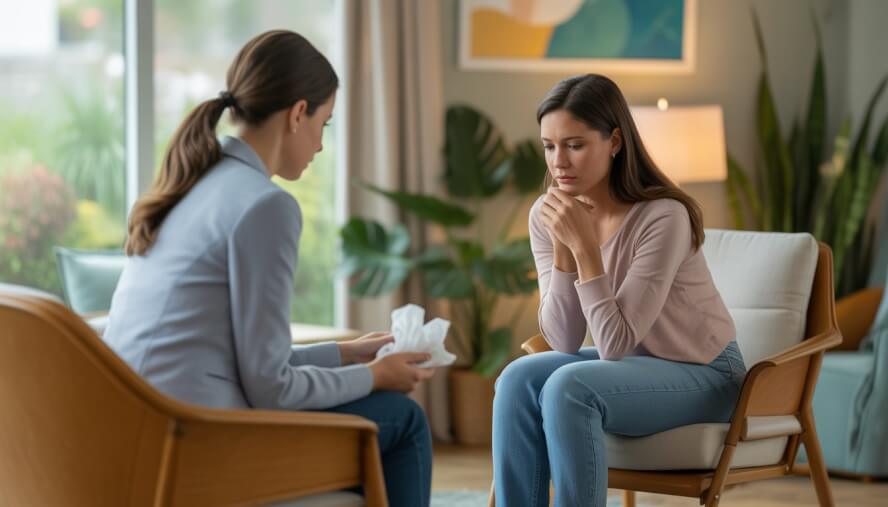 A female therapist talking with a woman in a counseling office, offering support and comfort.