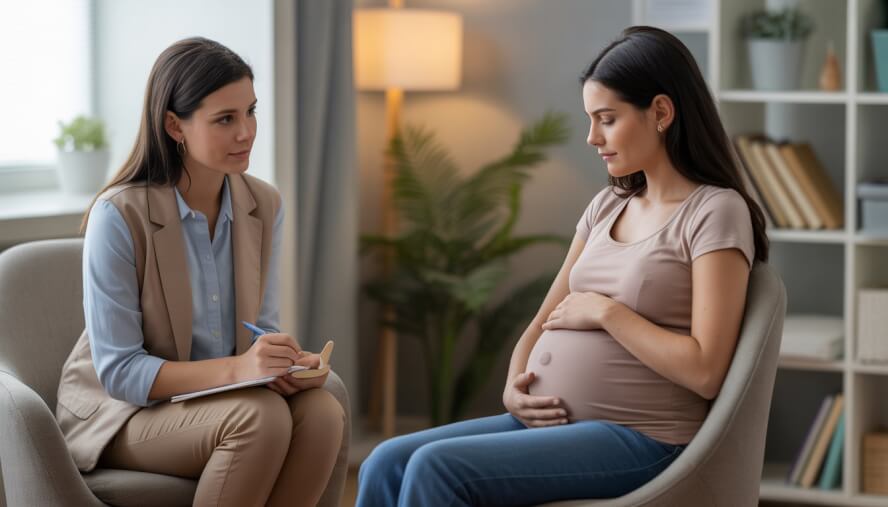 A female therapist attentively listening to a pregnant woman in a calm counseling room.