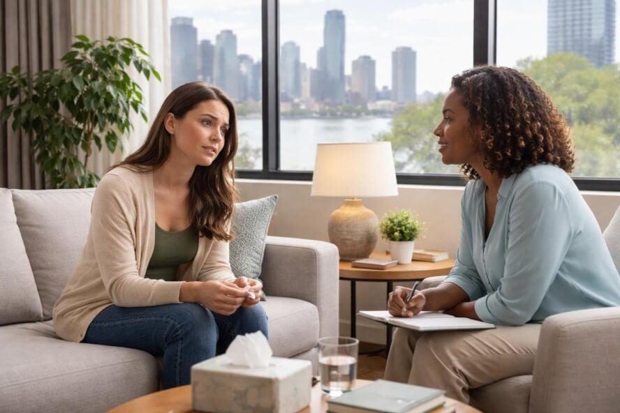 A therapist attentively listening to a woman in a comfortable office with a city skyline visible through the window.
