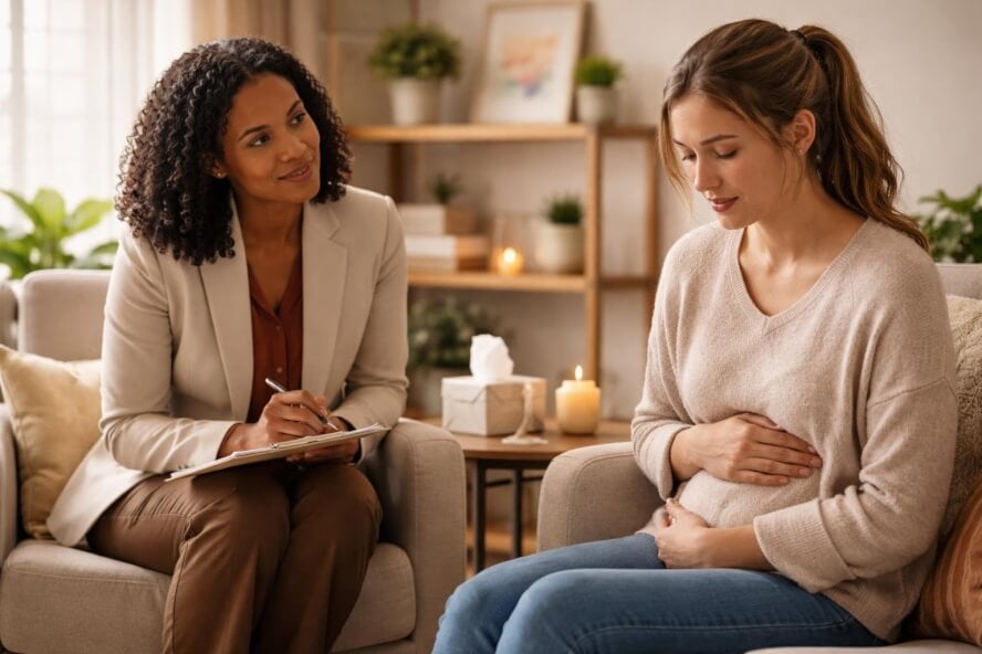 A female therapist attentively listening to a young woman in a calm, cozy therapy room.