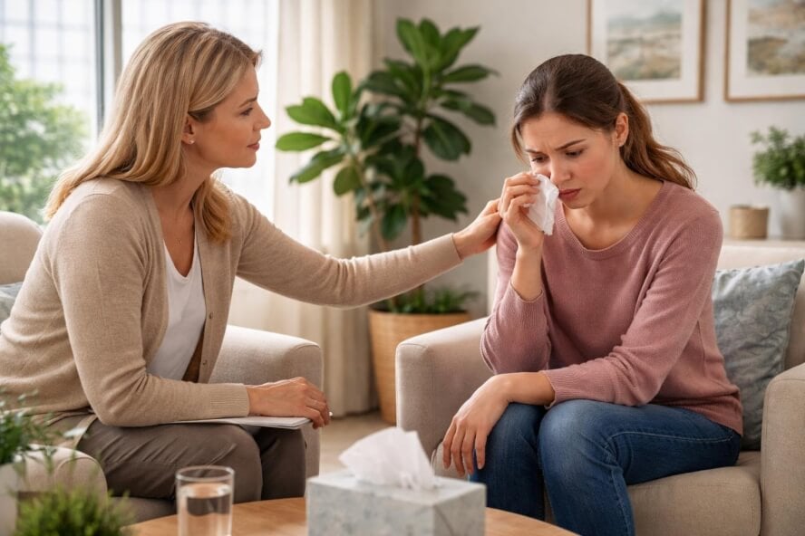A therapist gently supporting a woman during an emotional counseling session in a bright, comfortable room.