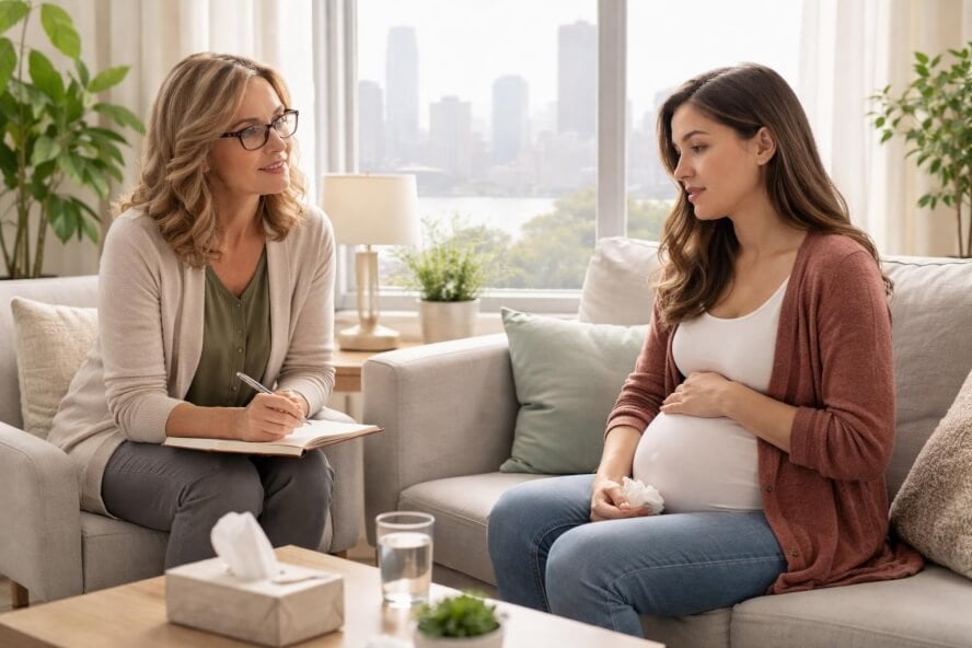 A therapist attentively listening to a pregnant woman in a counseling office with a view of the city skyline.