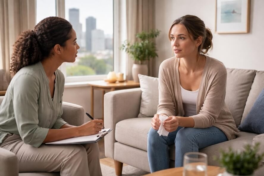 A therapist attentively listening to a young woman in a counseling office with large windows showing a city skyline.