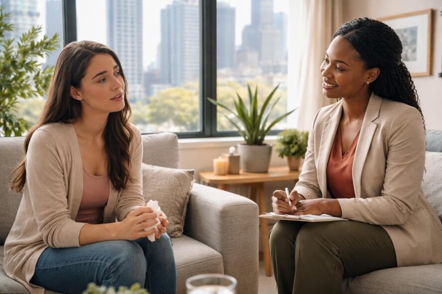 A female therapist attentively listening to a female client in a modern therapy office with a city view.