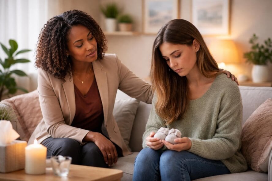 A female therapist comforting a young woman in a cozy therapy office with plants and soft lighting.