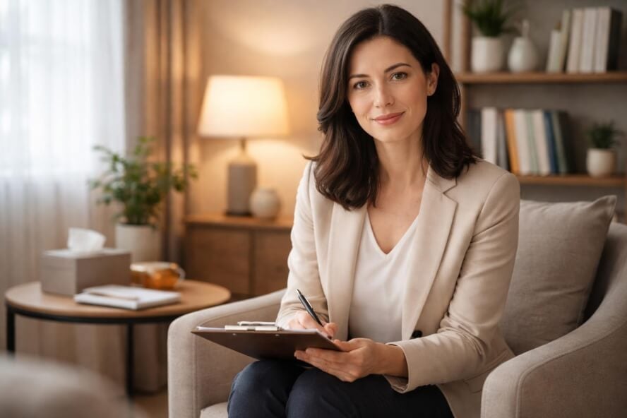 A female therapist sitting in a comfortable office, looking calm and compassionate, with a warm and inviting therapy room in the background.