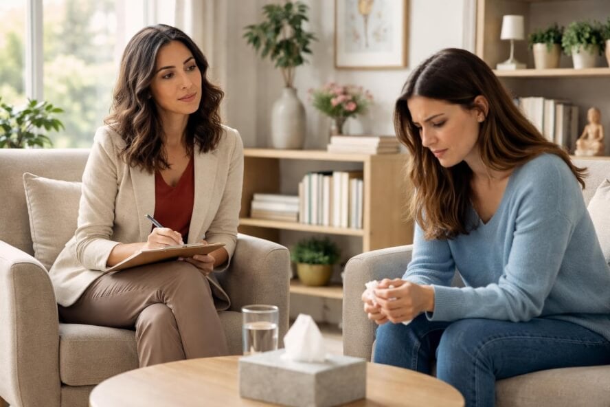 A female therapist attentively listening to a female client in a bright, comfortable therapy office.