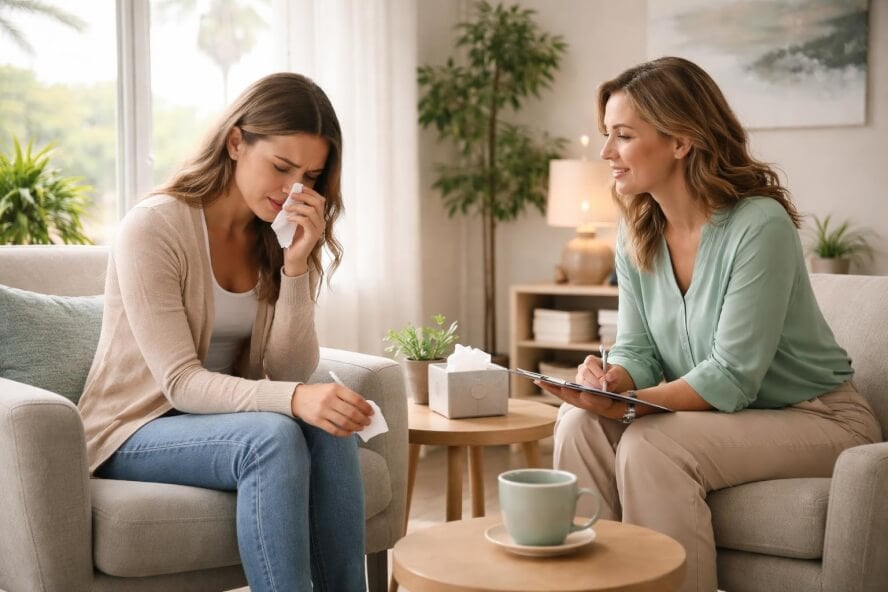 A female therapist attentively listens to an emotional woman in a bright counseling office, providing support after miscarriage.