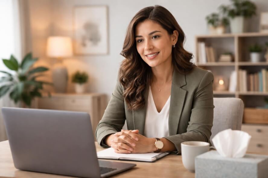 A female counselor sitting at a desk in a cozy home office, engaged in a virtual therapy session, with calming decor in the background.