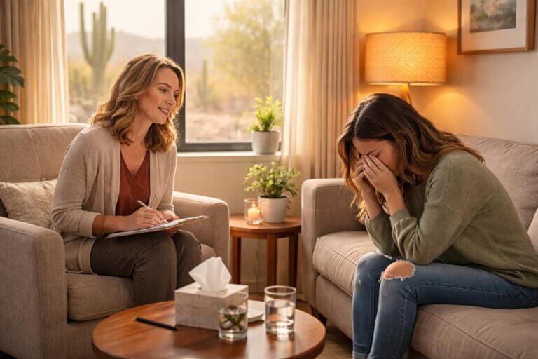 A female therapist attentively listening to a young woman in a softly lit therapy office with a desert landscape visible through the window.