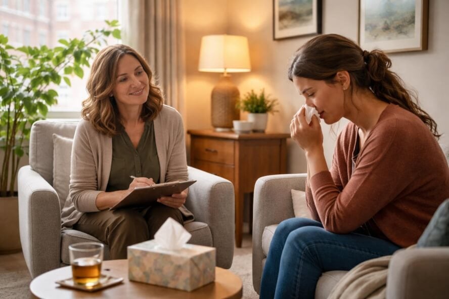 A female therapist attentively listening to an emotional woman in a cozy therapy office.