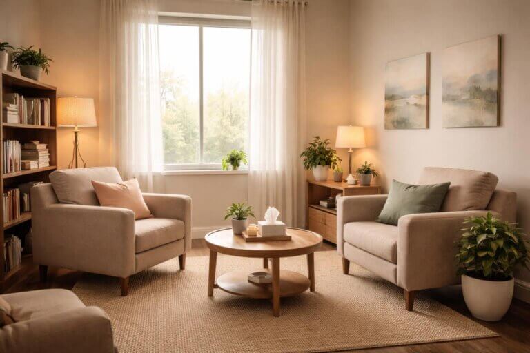 A calm therapy room with two armchairs, a small table with tissues and a plant, soft natural light, and soothing decor.