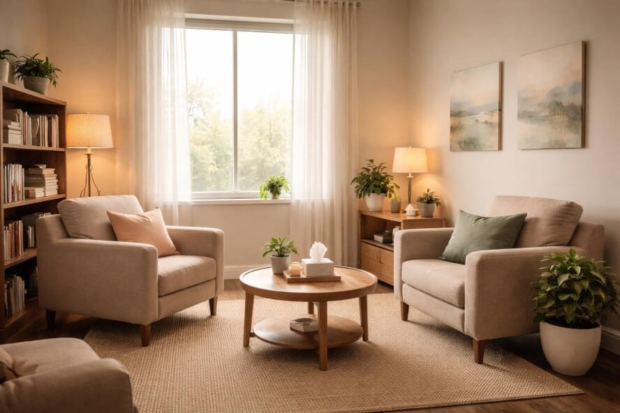 A calm therapy room with two armchairs, a small table with tissues and a plant, soft natural light, and soothing decor.