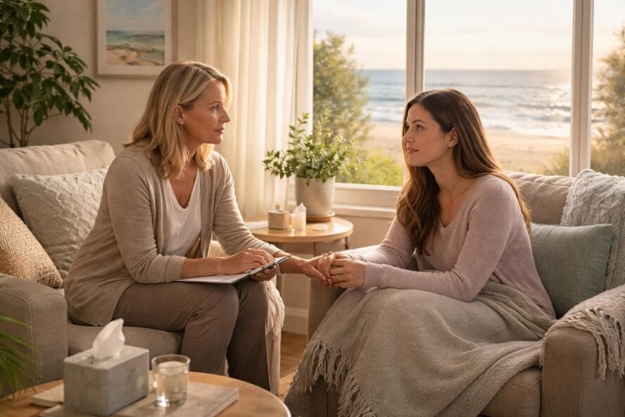 A therapist listens attentively to a young woman in a cozy room overlooking the beach, conveying support and comfort.