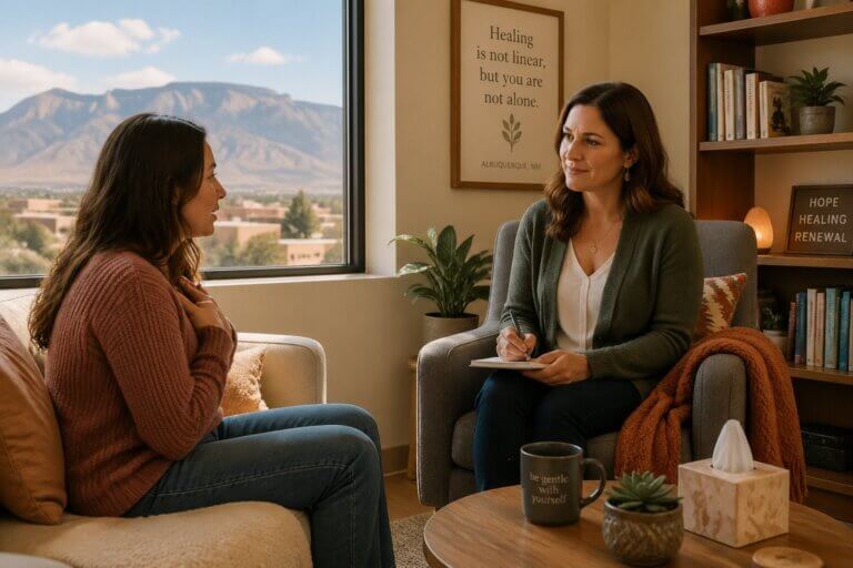 A female therapist attentively listens to an emotional woman in a cozy therapy office with a window showing mountains outside.