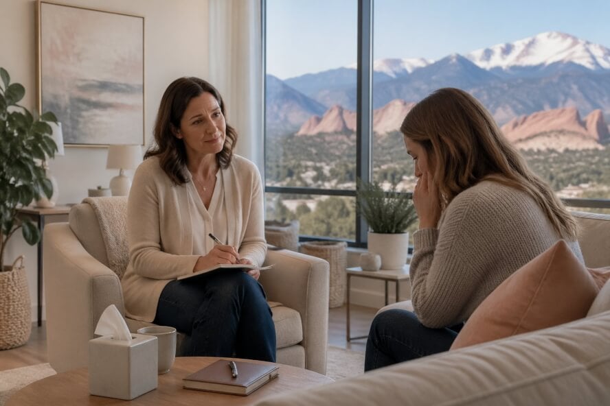 A female therapist and a woman having a supportive conversation in a bright office with a mountain view.