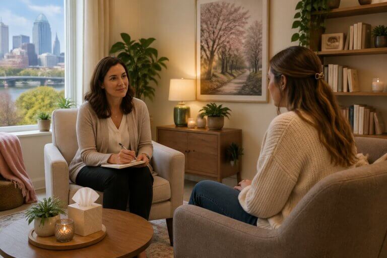 A female therapist and a young woman sitting in a cozy therapy office, engaged in a supportive conversation.