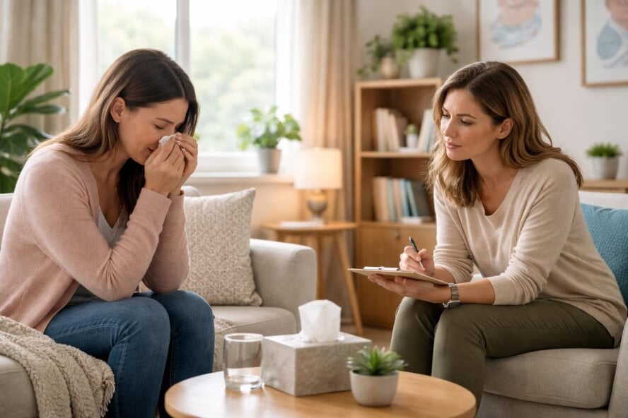 A female therapist attentively listening to a female client in a bright, comfortable counseling office.