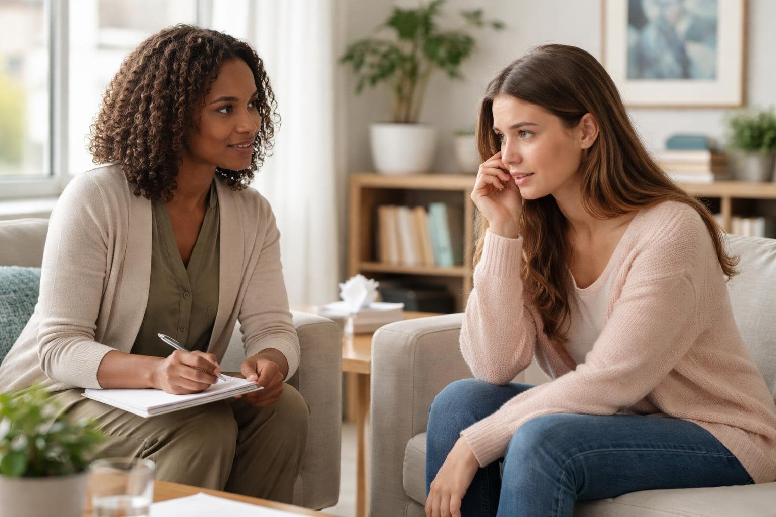 A therapist listens attentively to a young woman in a bright, comfortable therapy office.