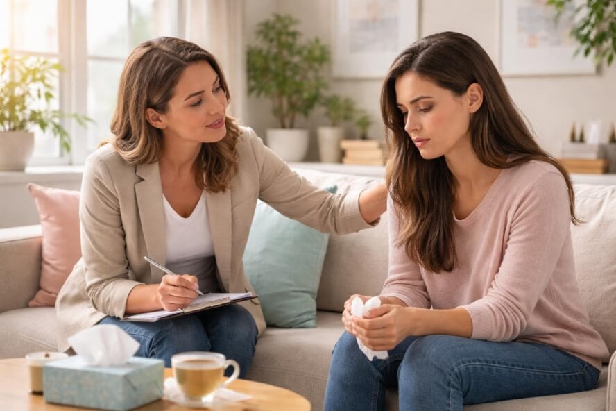 A therapist gently listening to a woman who looks emotional in a bright, calming counseling office.