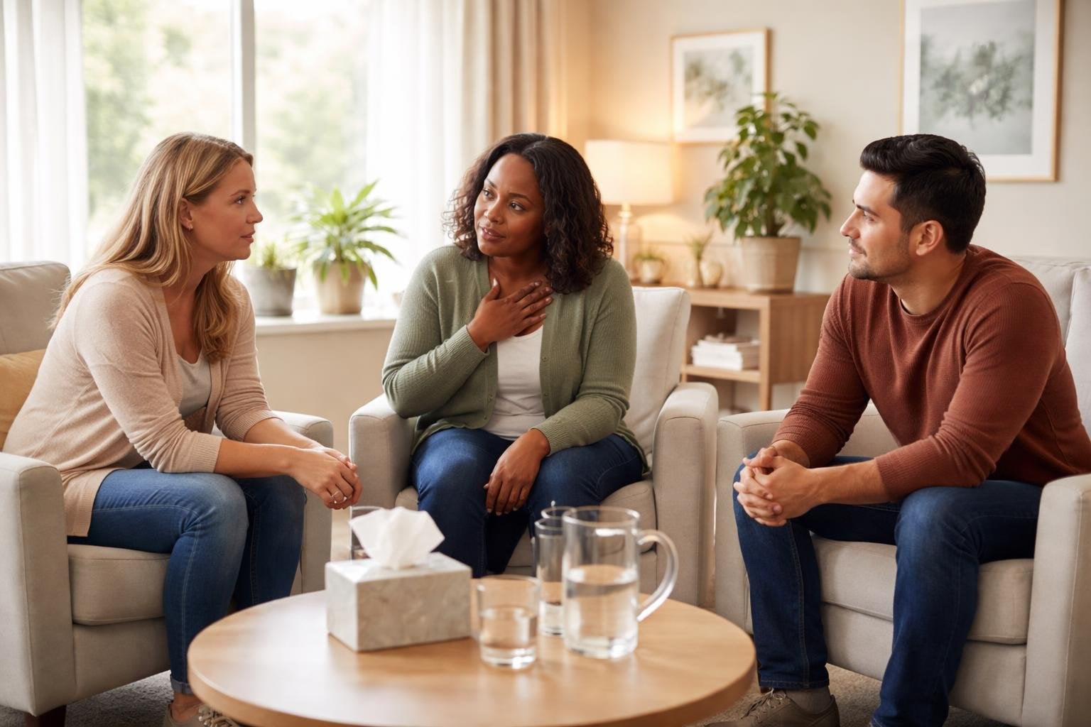 Three adults sitting in a comfortable counseling room, engaged in a supportive group discussion.