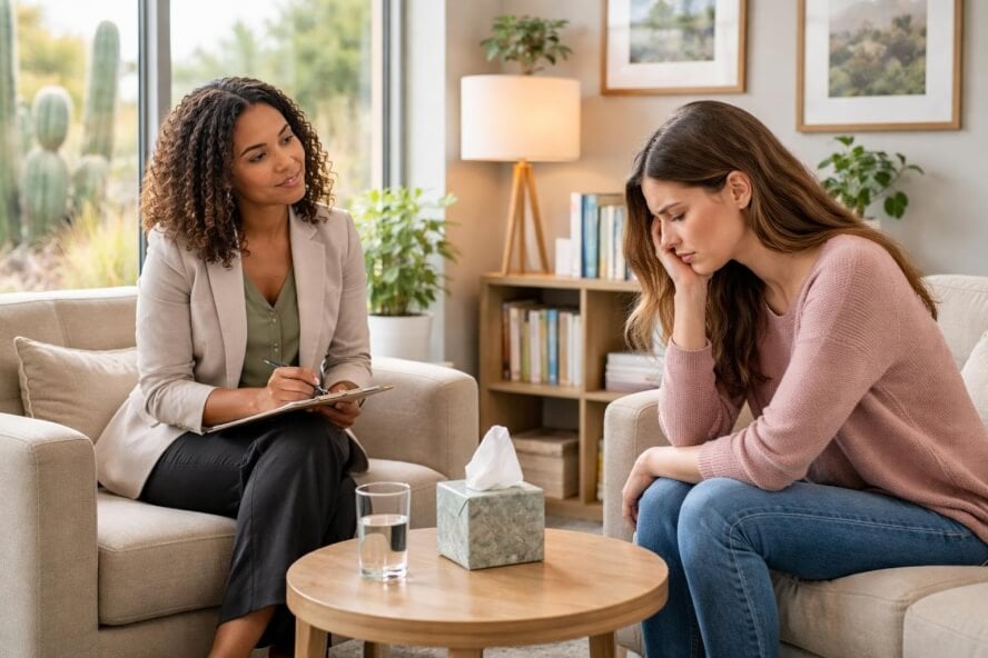 A therapist attentively listening to a young woman during a counseling session in a bright, comfortable office.