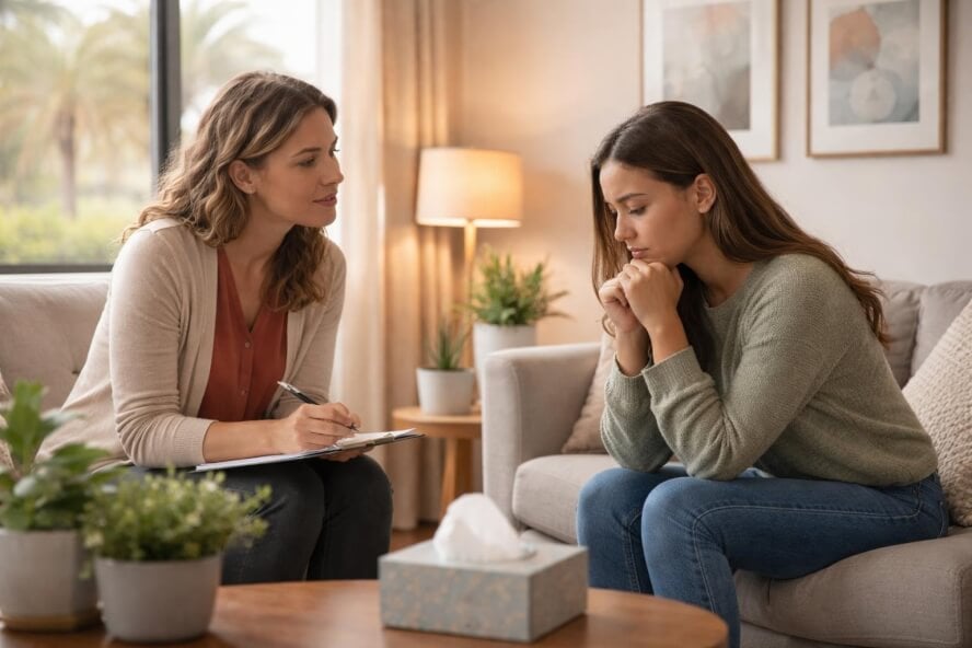 A female therapist comforting an emotional woman in a softly lit therapy office with natural light and calming decor.