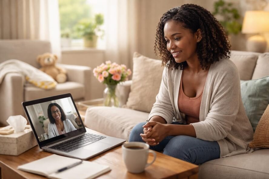 A Black mother sitting in a cozy living room, engaged in a virtual therapy session on a laptop.