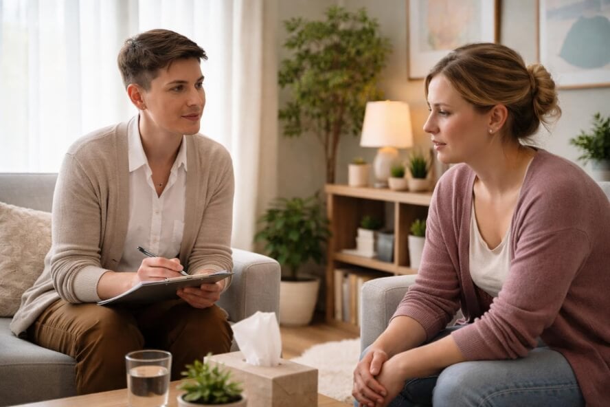 A therapist and a patient in a supportive counseling session in a bright, comfortable office.