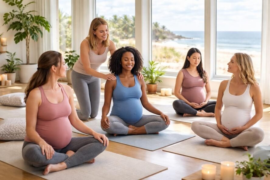 Pregnant women practicing prenatal yoga in a bright studio with a therapist guiding them, overlooking a calm beach view.