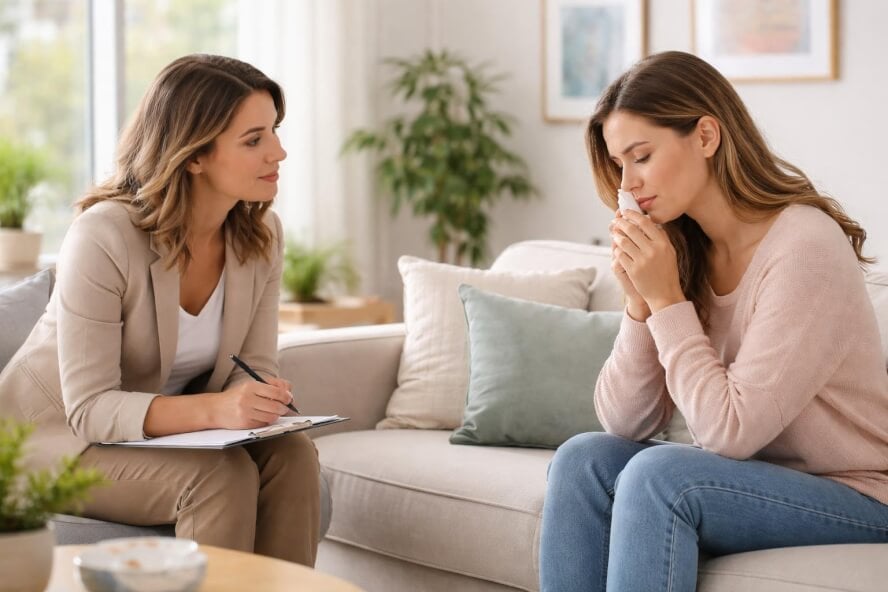 A female therapist attentively listening to a young woman in a bright, comfortable therapy office.