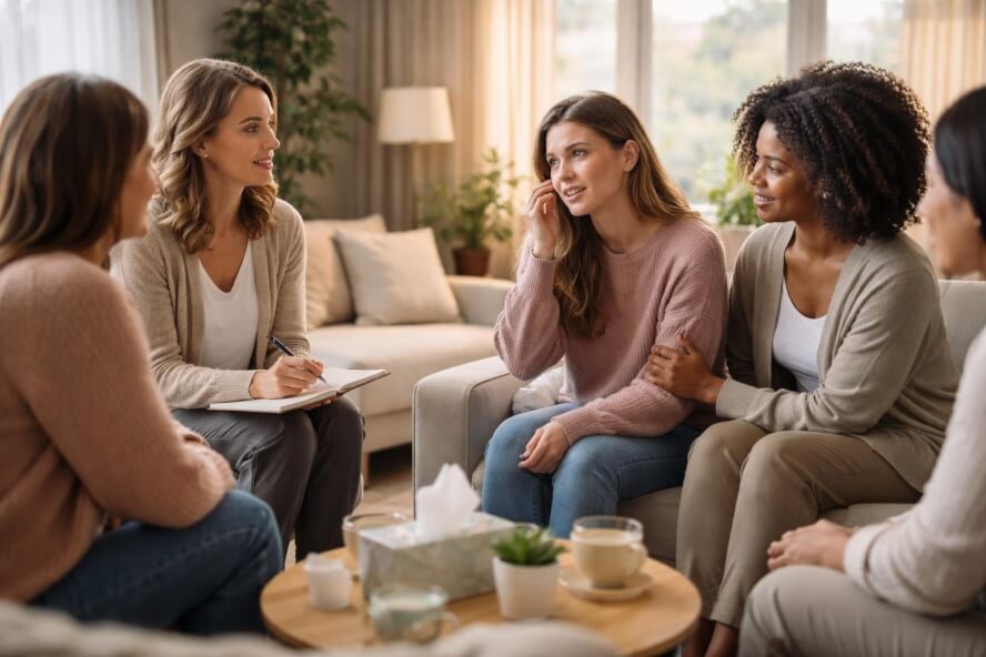A female therapist attentively listens to a young woman who is being comforted by another woman in a cozy therapy room.