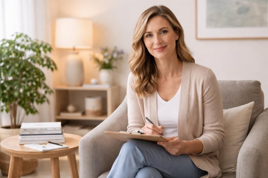 A female therapist sitting in a bright, cozy therapy room with plants and books, looking compassionate and attentive.