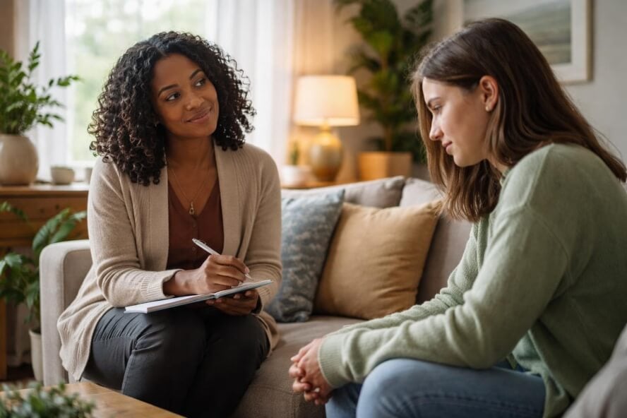 A therapist attentively listening to a woman during a virtual counseling session in a cozy home office.
