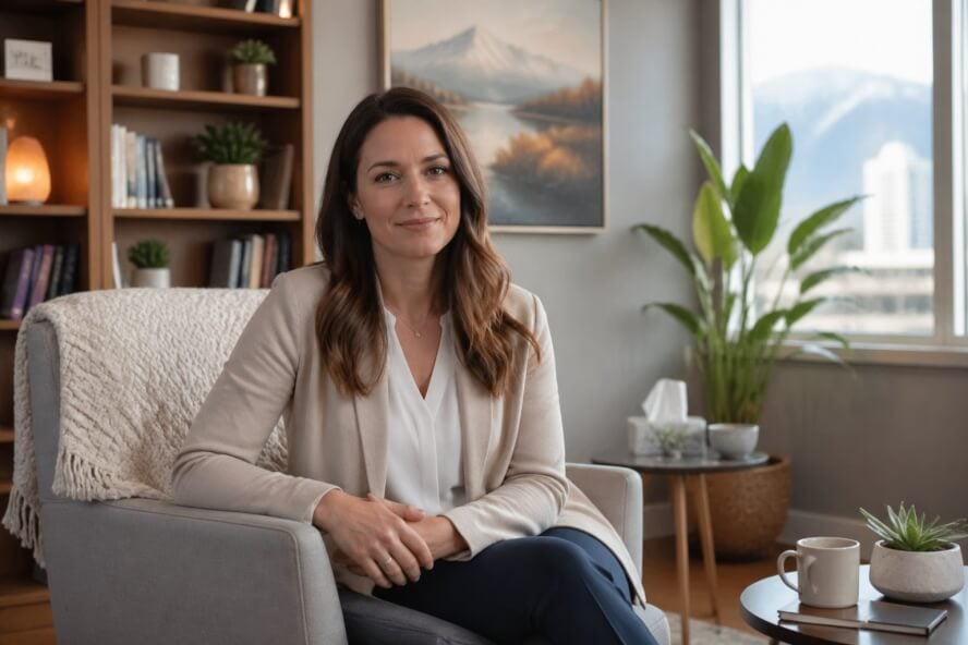 A female therapist sitting in a comfortable office with warm lighting and plants, offering a calm and supportive atmosphere.