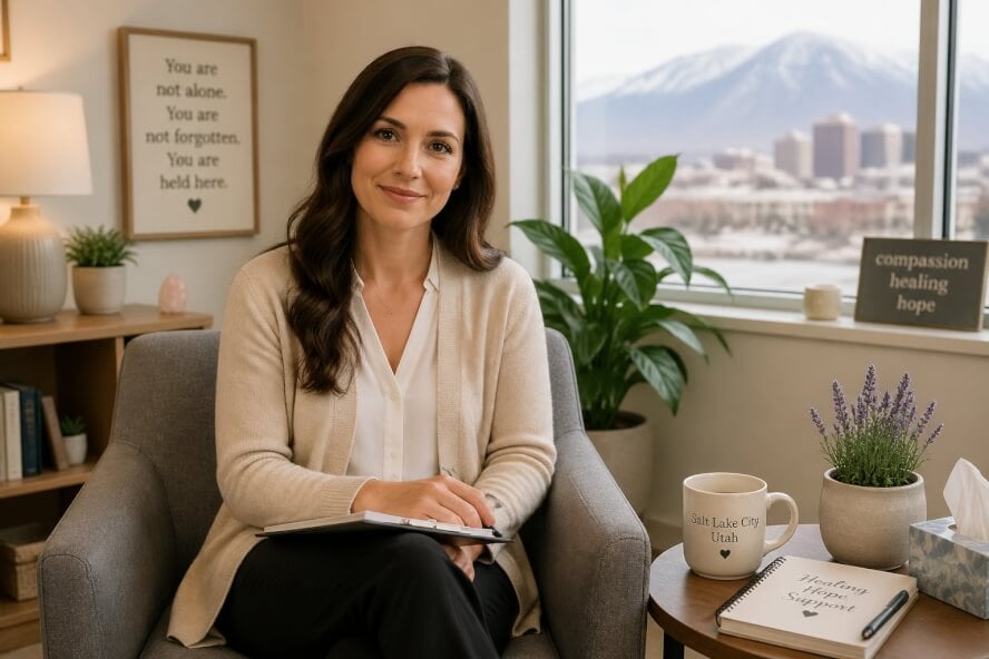 A female therapist sitting in a comfortable office with soft natural light and plants, looking empathetic and professional.