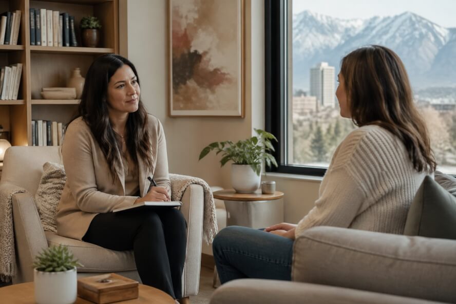 A therapist and a woman having a supportive conversation in a calm therapy office.