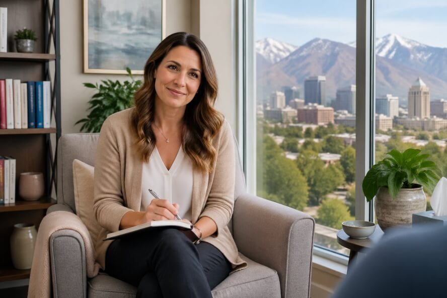 A female therapist sitting in a bright office with a warm expression, with a view of Salt Lake City and mountains through the window.