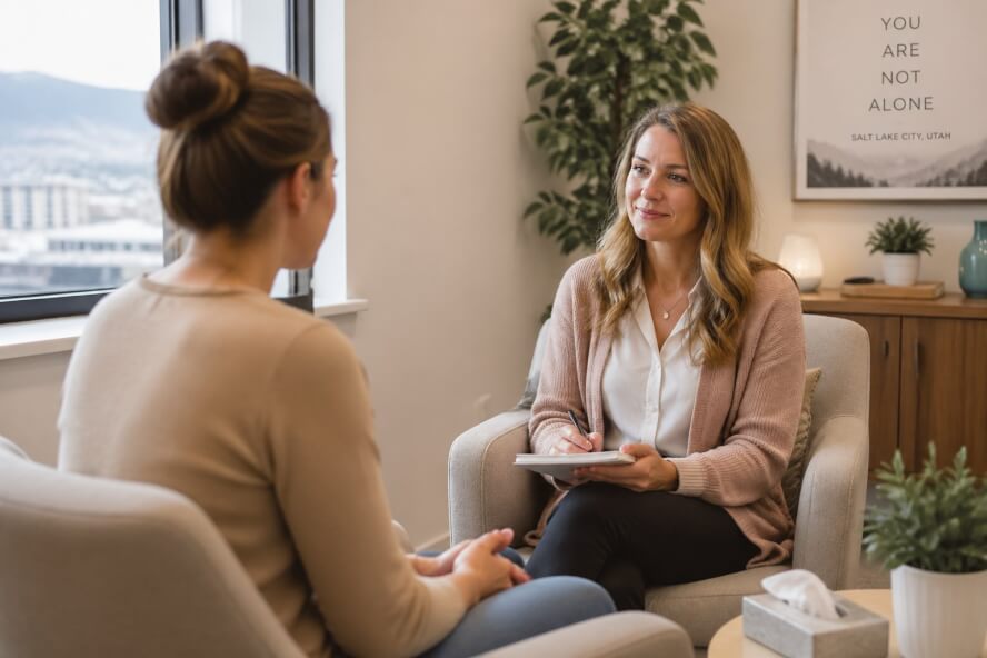 A female therapist and a young woman having a supportive conversation in a bright, comfortable office.