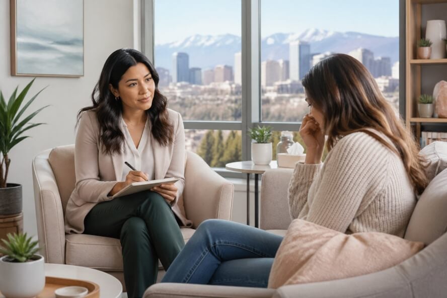 A female therapist attentively listens to an emotional woman in a bright therapy office with a view of Salt Lake City and mountains.