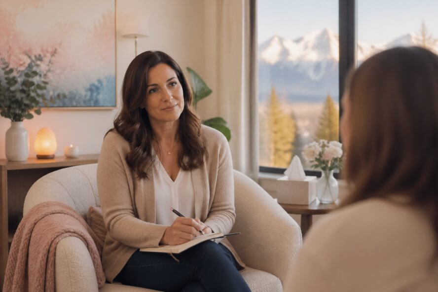 A female therapist sitting in a cozy office, listening attentively in a calm and supportive environment.