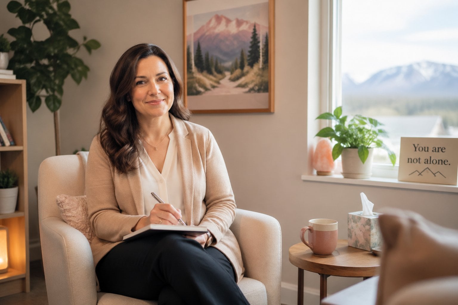 A female therapist sitting in a comfortable office with soft lighting and plants, creating a calm and welcoming atmosphere.