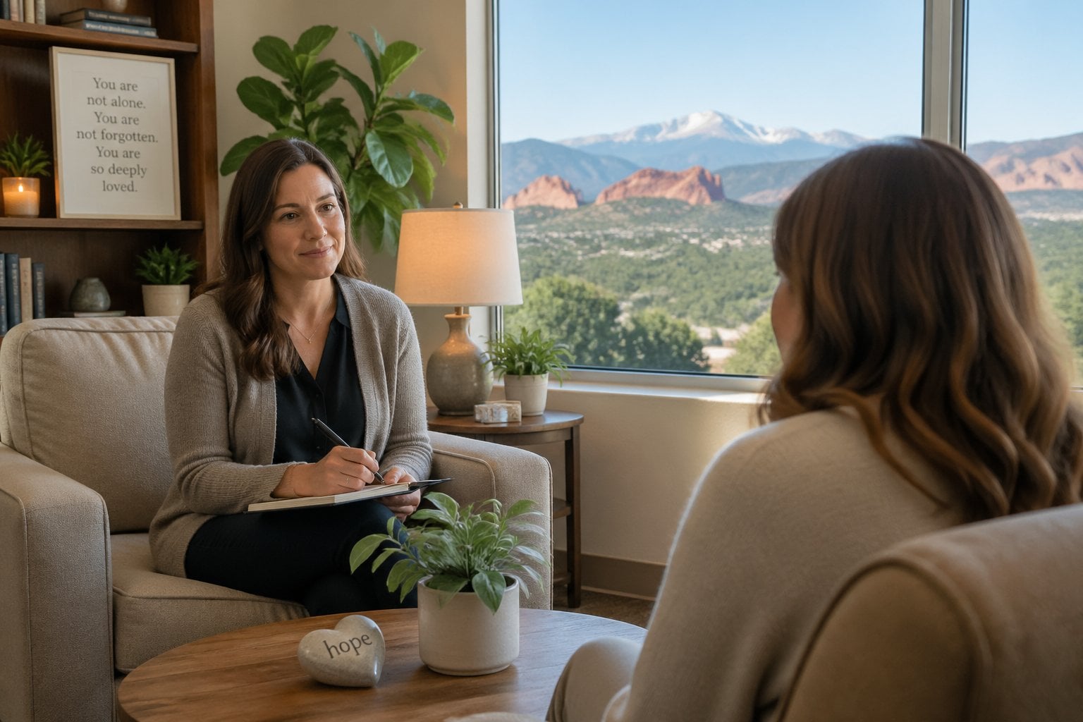A female therapist attentively listening to a client in a comfortable counseling office with a window showing mountains in the background.