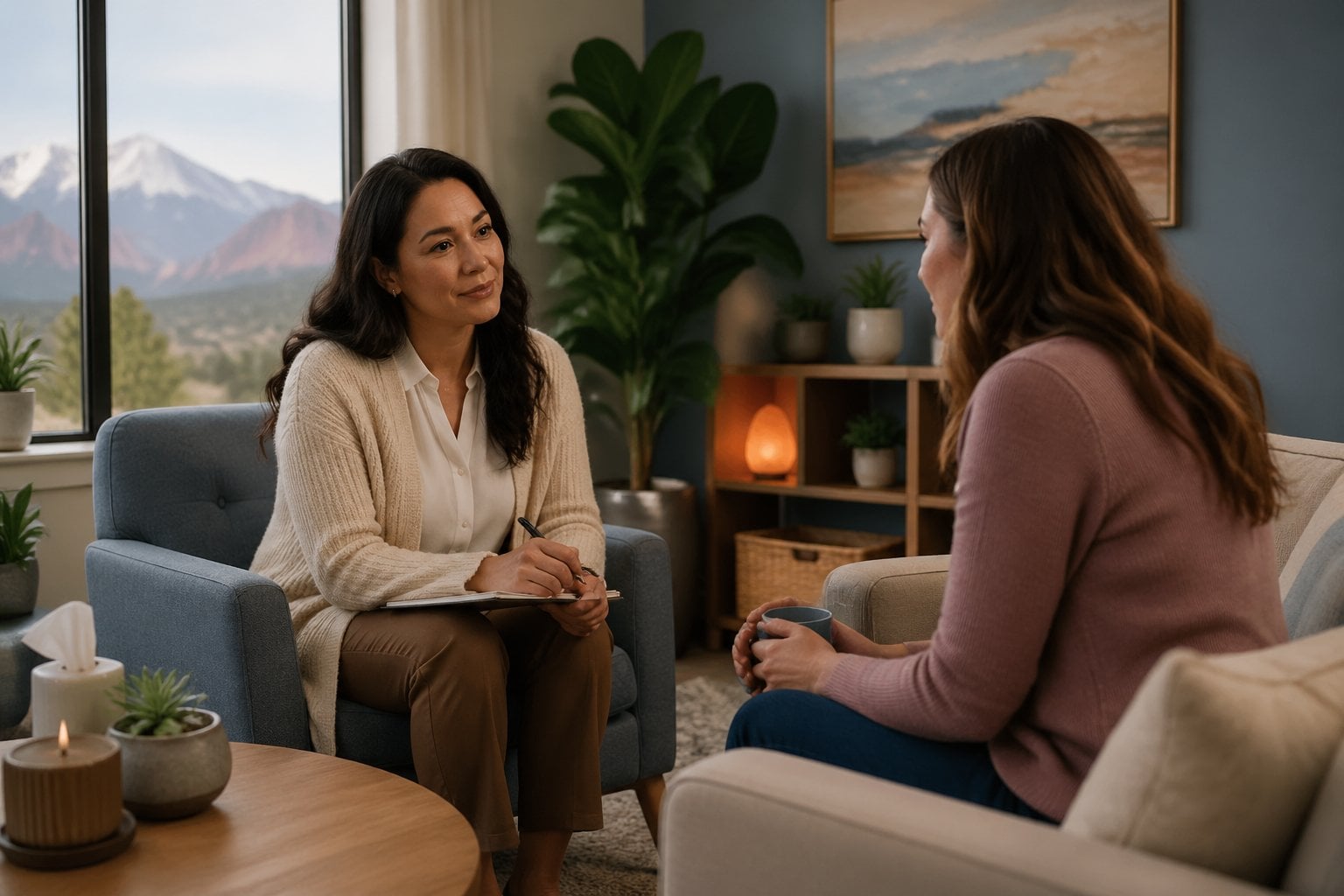 A female therapist attentively listening to a woman client in a calm, comfortable therapy office.