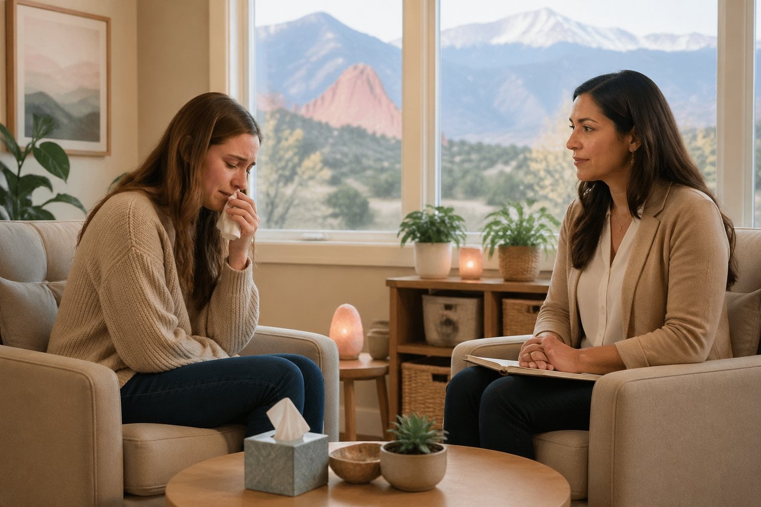 A female therapist attentively listening to a young woman in a warm, softly lit therapy office with a mountain view.