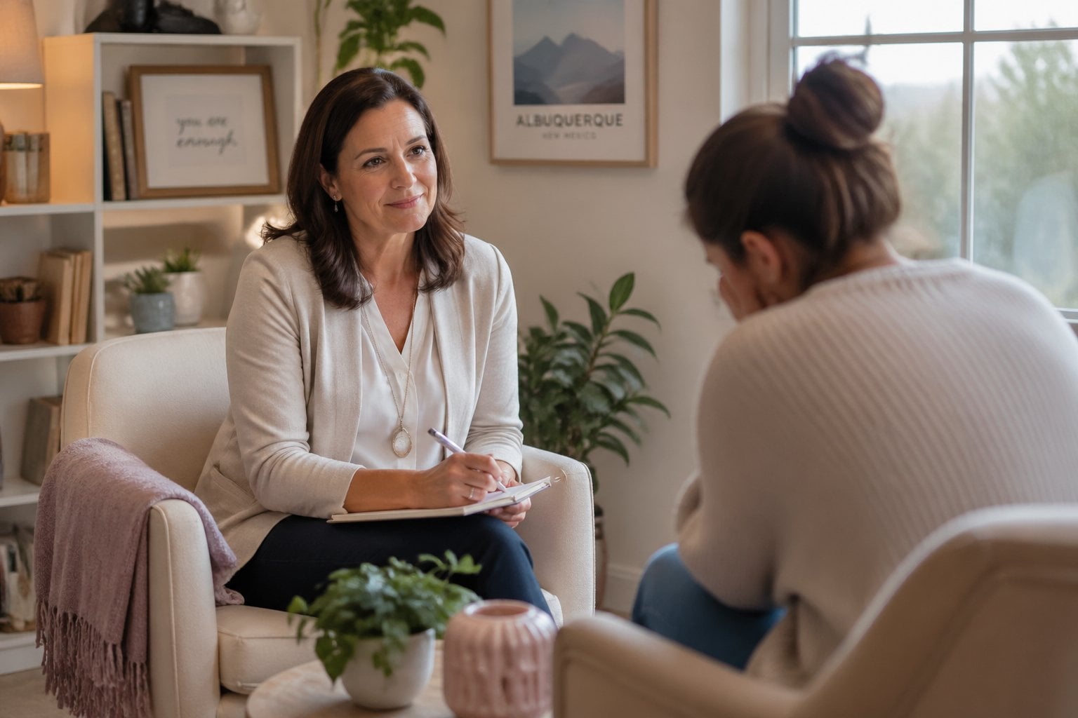 A female therapist attentively listening to a young woman in a calm and welcoming office.