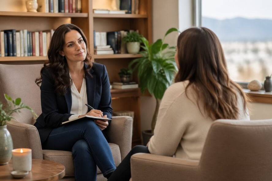 A female therapist attentively listening to a female client in a warm, softly lit therapy office.