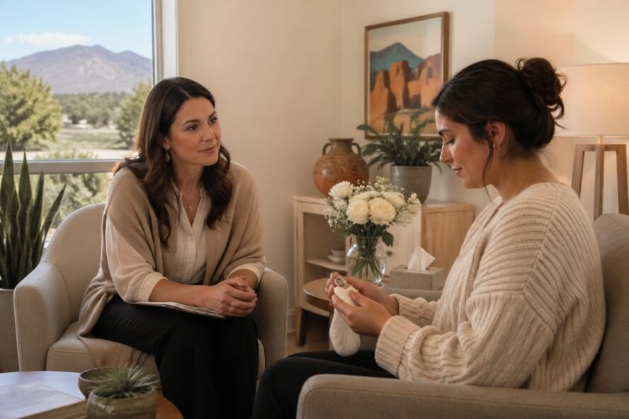 A therapist gently comforting a woman in a calm counseling office with soft natural light and warm decor.